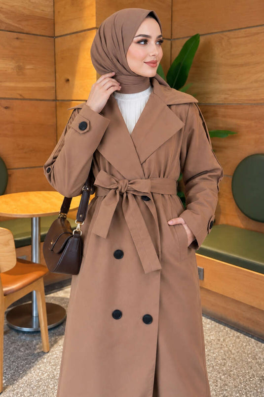 Belted Button Detail Trench Coat Tan