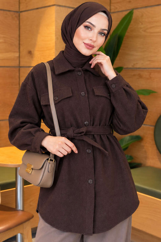 Belted Buttoned Wool Coat In Spicy Brown
