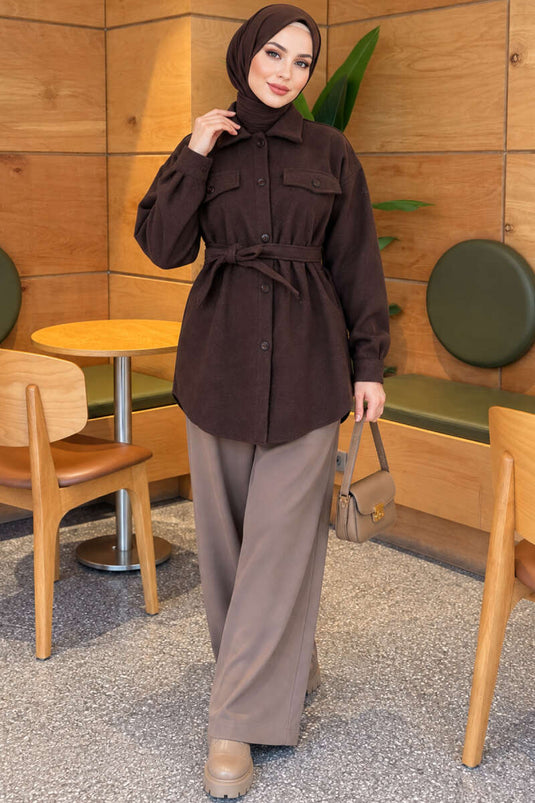 Belted Buttoned Wool Coat In Spicy Brown