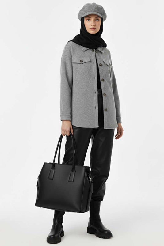 Kuşaklı Düğmeli Kaşe Ceket Gri