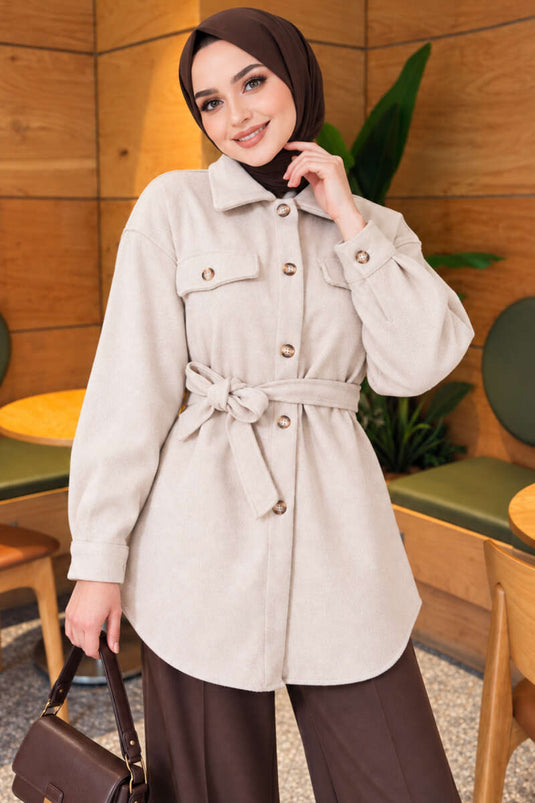 Belted Buttoned Wool Coat With Stones