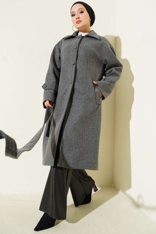 Kuşaklı Düğmeli Kaşe Kaban Füme