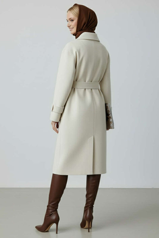 Belted Buttoned Cashmere Coat Beige