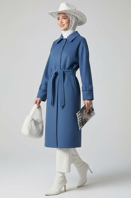 Belted Buttoned Cashmere Coat Blue