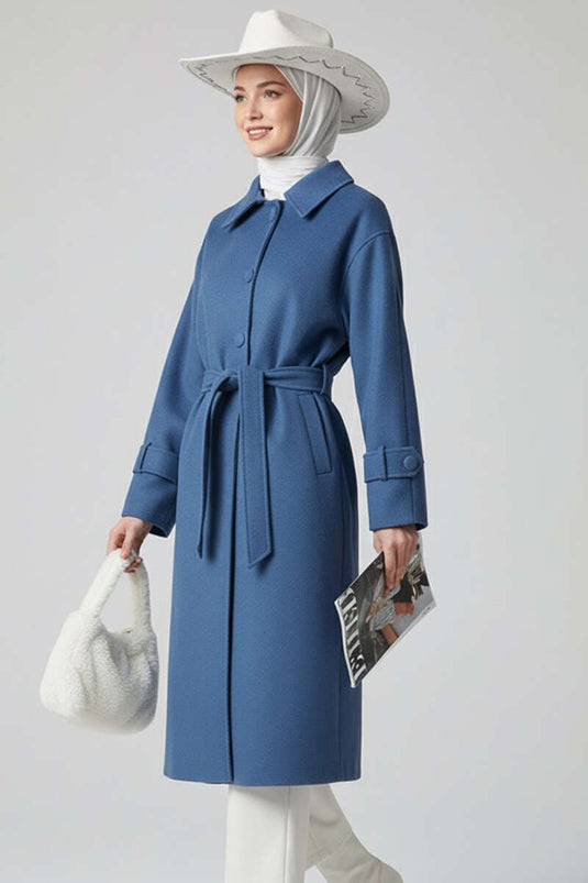 Belted Buttoned Cashmere Coat Blue