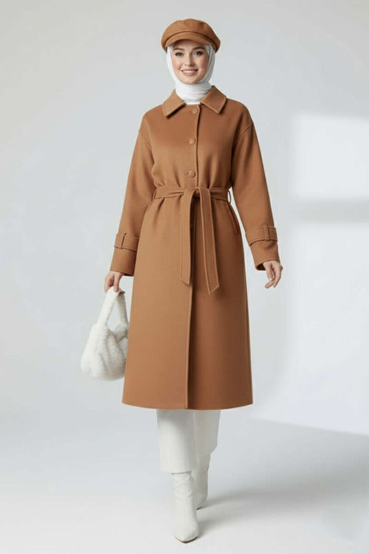 معطف كشمير بحزام وأزرار باللون البني