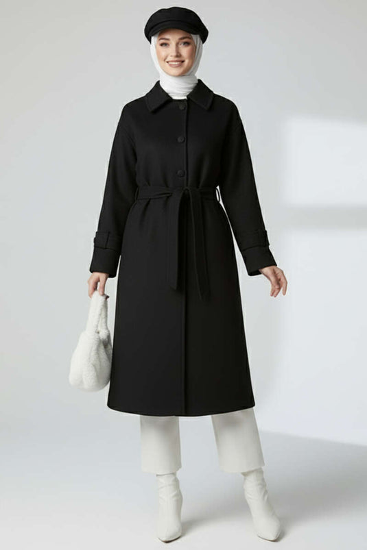 Belted Buttoned Cashmere Coat Black