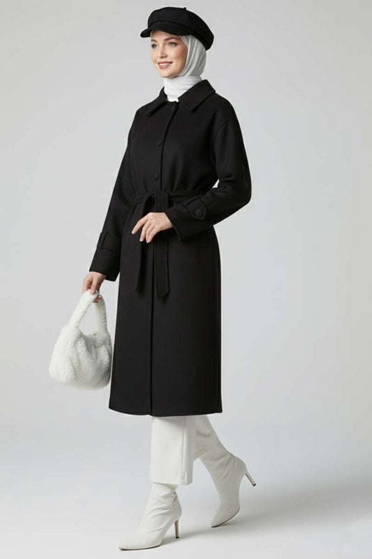 Belted Buttoned Cashmere Coat Black