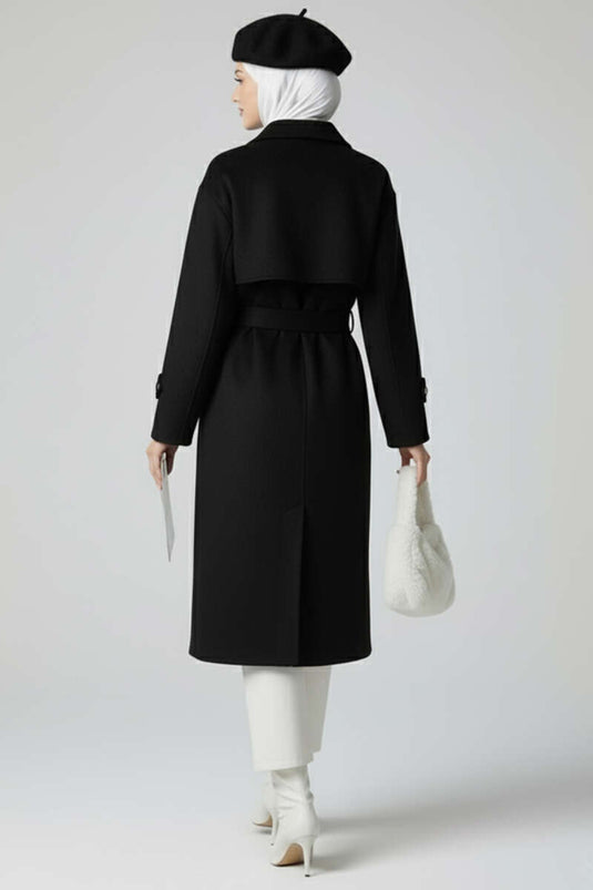 Belted Buttoned Cashmere Coat Black