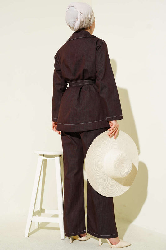 Kuşaklı Düğmeli Kot İkili Takım Kahve