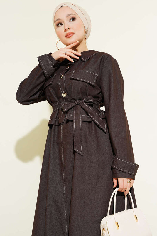 Completo doppio con gilet di jeans marrone con cintura e bottoni
