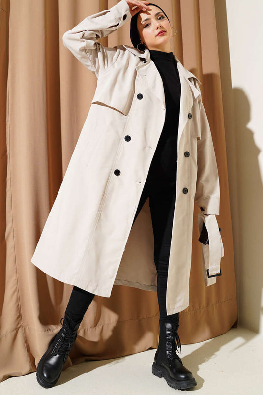 Trench-coat croisé boutonné avec ceinture beige