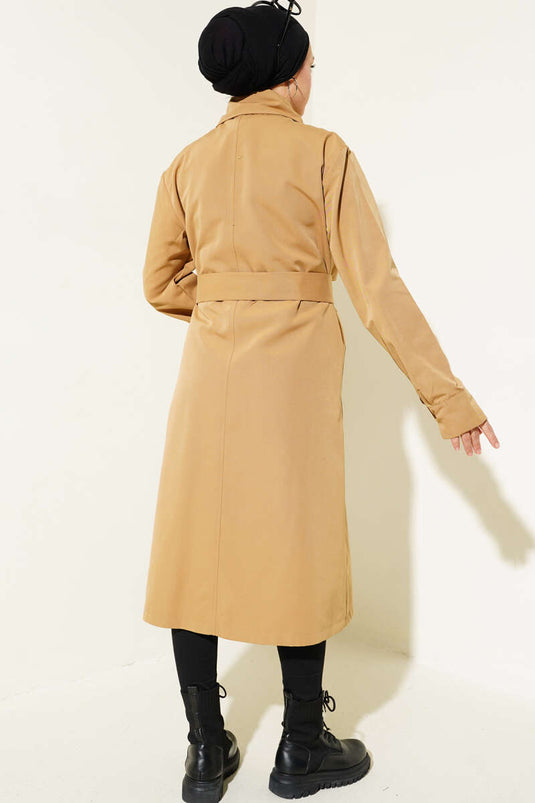 Belted Buttoned Double-Breasted Collar Trench Coat Camel