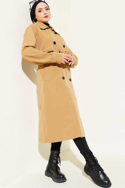 Belted Buttoned Double-Breasted Collar Trench Coat Camel