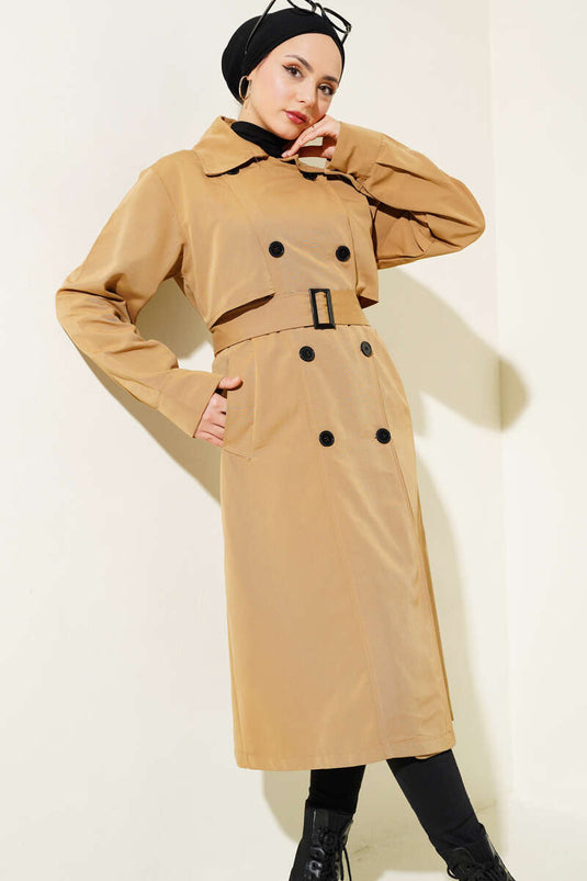 Belted Buttoned Double-Breasted Collar Trench Coat Camel