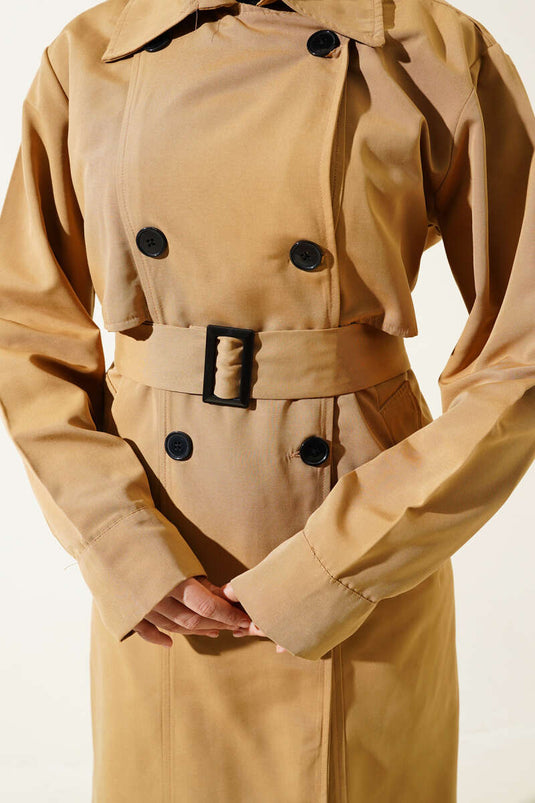 Belted Buttoned Double-Breasted Collar Trench Coat Camel