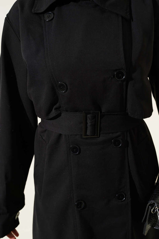 Belted Buttoned Double-Breasted Coat Black