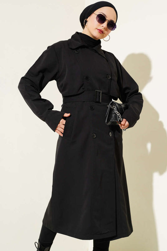 Belted Buttoned Double-Breasted Coat Black