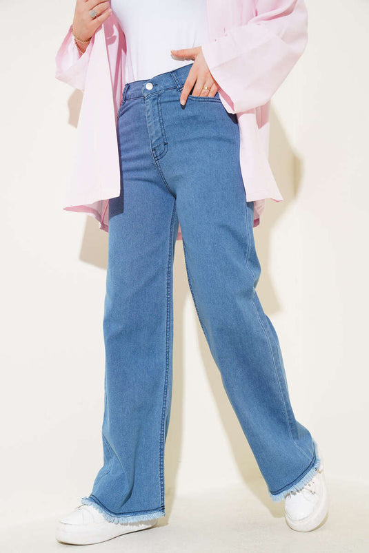 بنطال جينز واسع الساق بحزام أزرق متوسط