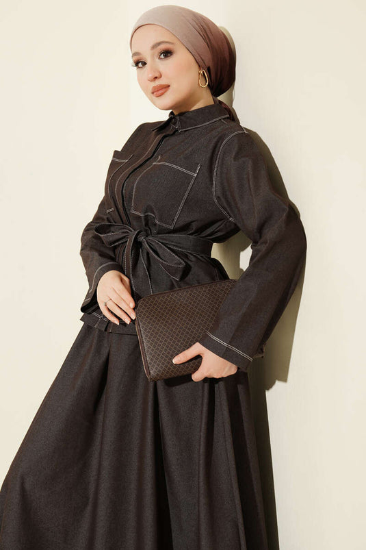 Kuşaklı Göğüs Cepli Kot Etekli Takım Acı Kahve