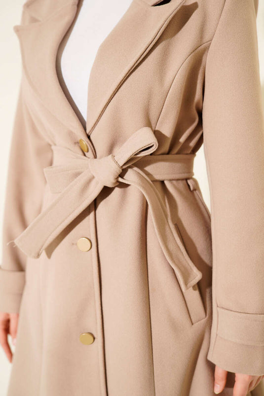 Belted Gold Buttoned Cashmere Coat Beige
