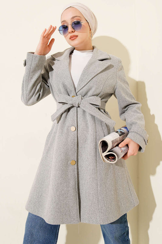 Belted Gold Buttoned Cashmere Coat in Gray