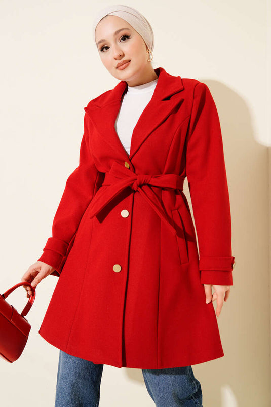 Kuşaklı Gold Düğmeli Kaşe Kaban Kırmızı