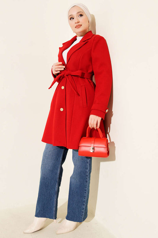 Belted Gold Buttoned Cashmere Coat Red