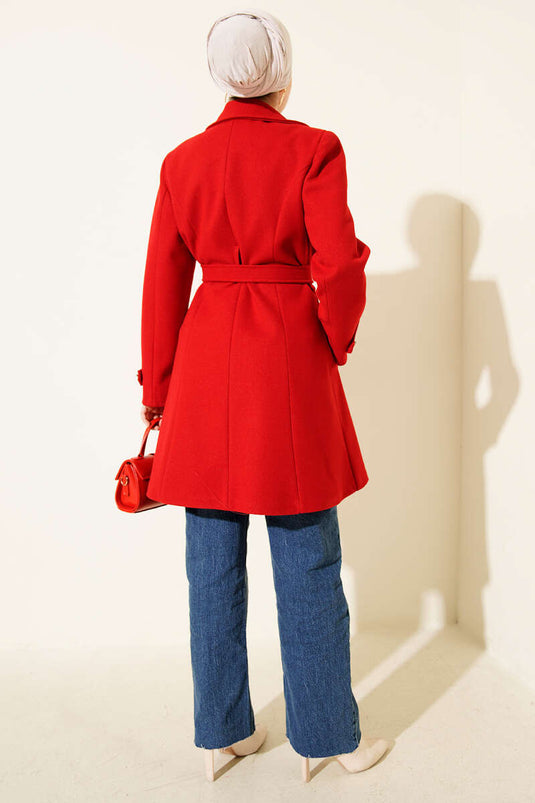 Belted Gold Buttoned Cashmere Coat Red
