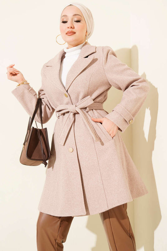 Manteau en cachemire à ceinture et boutons dorés, couleur vison