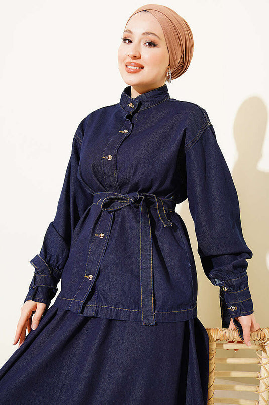 Set mit Jeansrock und Gürtel, goldene Knöpfe, Marineblau
