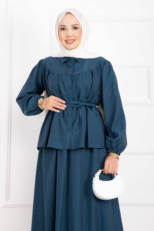 Conjunto De Blusa Y Falda Con Cinturón Petrol