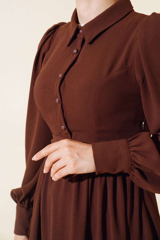 Robe Ceinturée Col Chemise Marron