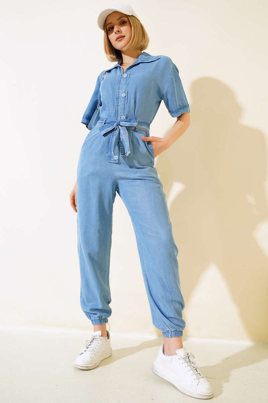 Salopette En Jean Ceinturée Col Chemise Bleu Clair