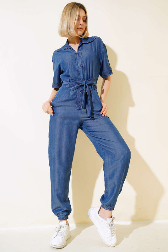 Salopette En Jean Col Chemise Ceinturée Bleu Moyen