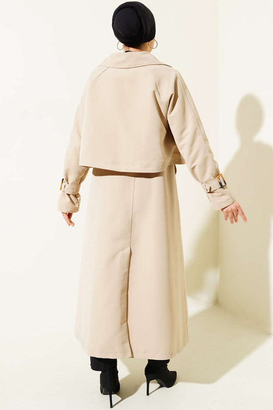 Belted Double-Breasted Trench Coat Set Beige