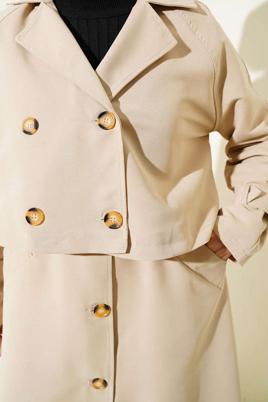 Belted Double-Breasted Trench Coat Set Beige