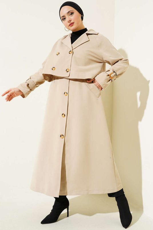 Belted Double-Breasted Trench Coat Set Beige