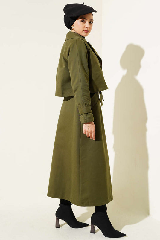 Belted Double Breasted Trench Coat Set Khaki