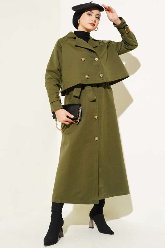 Belted Double Breasted Trench Coat Set Khaki