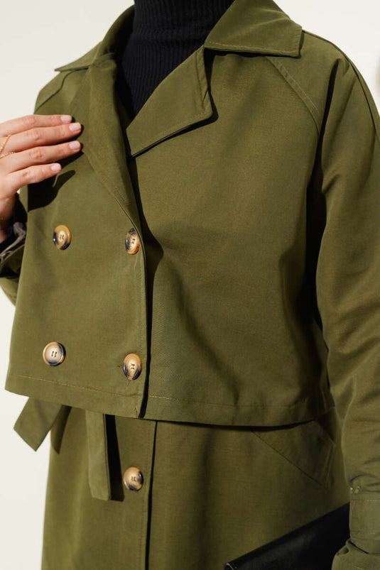 Belted Double Breasted Trench Coat Set Khaki