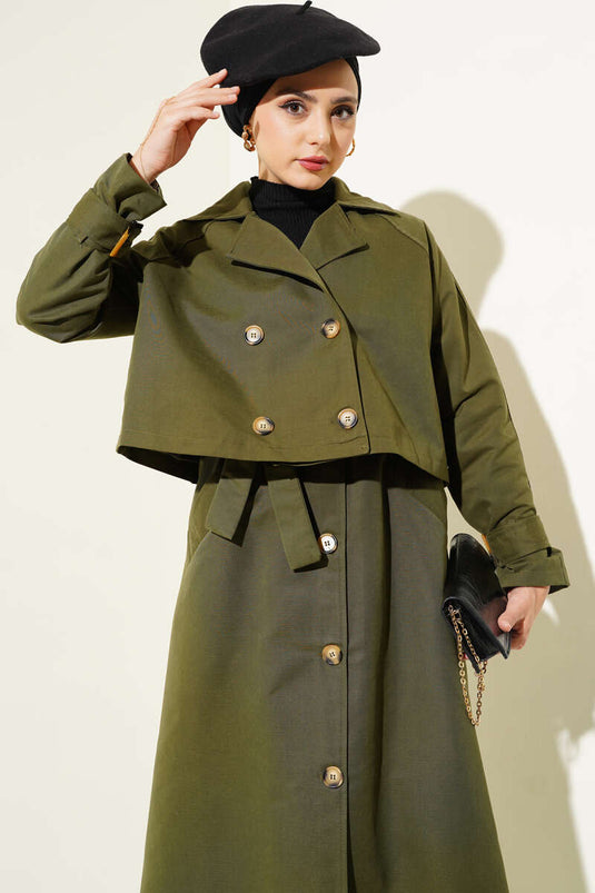 Belted Double Breasted Trench Coat Set Khaki