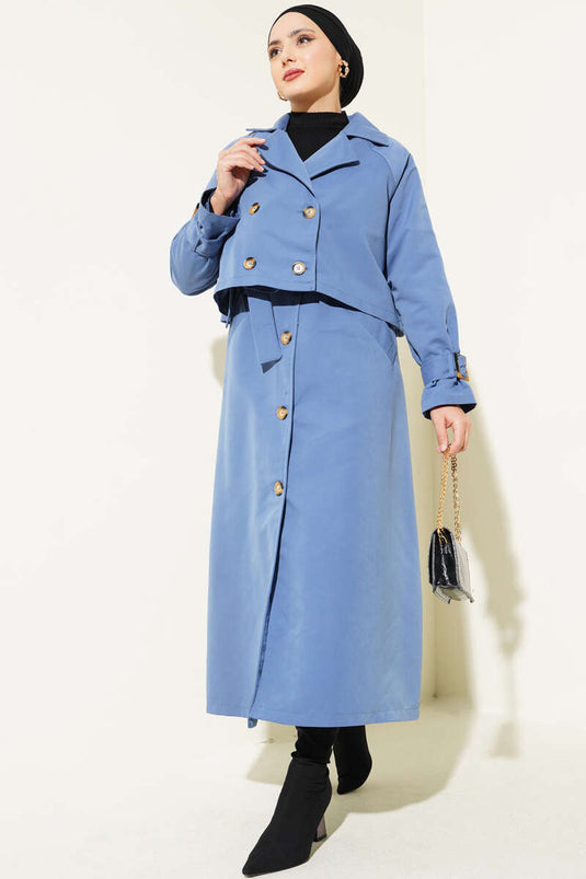 Dubbele trenchcoat met riem indigo