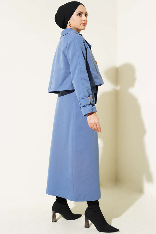 Belted Double-Breasted Trench Coat Set Indigo