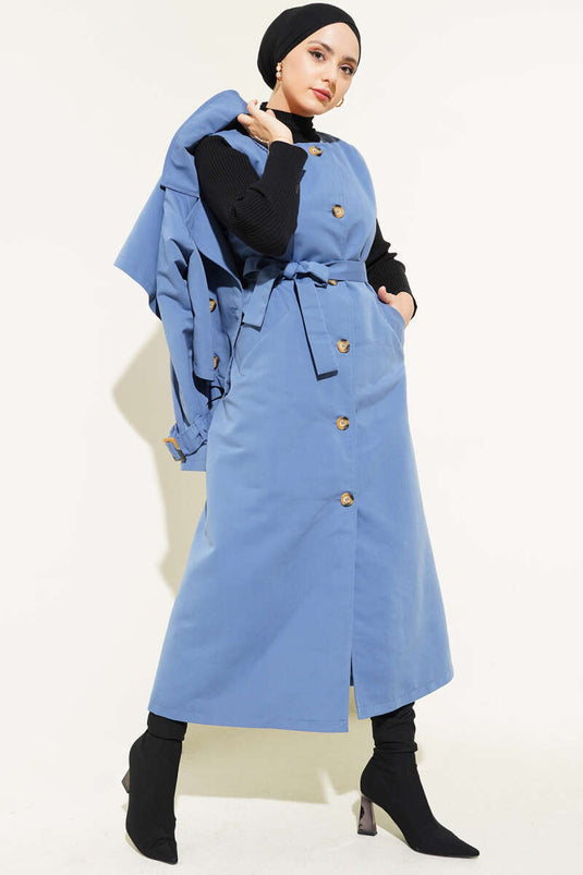 Belted Double-Breasted Trench Coat Set Indigo