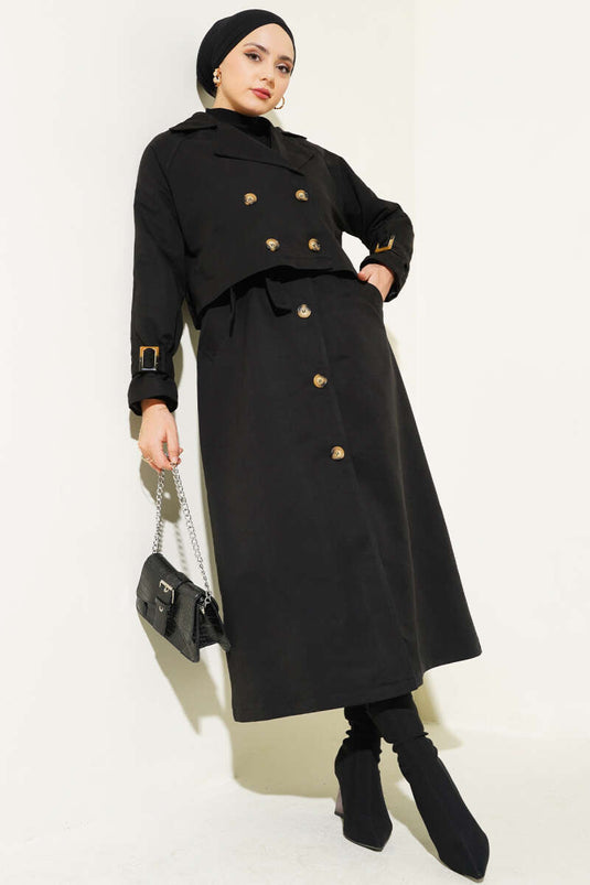 Belted Double Breasted Trench Coat Set Black