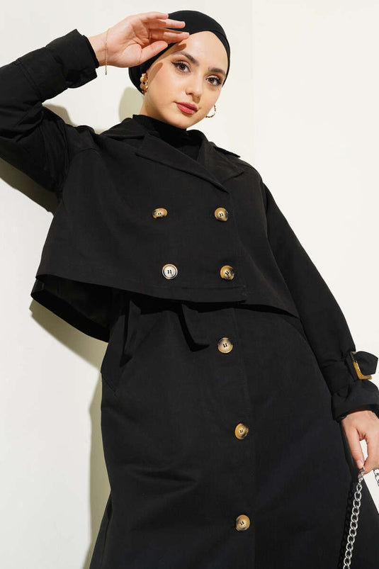 Belted Double Breasted Trench Coat Set Black