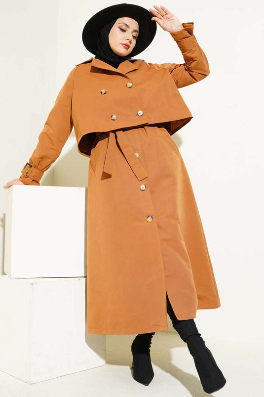 Belted Double-Breasted Trench Coat Set Tan