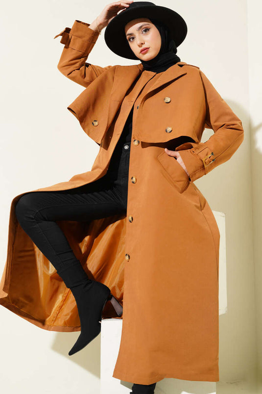 Dubbele trenchcoat met riem, bruin