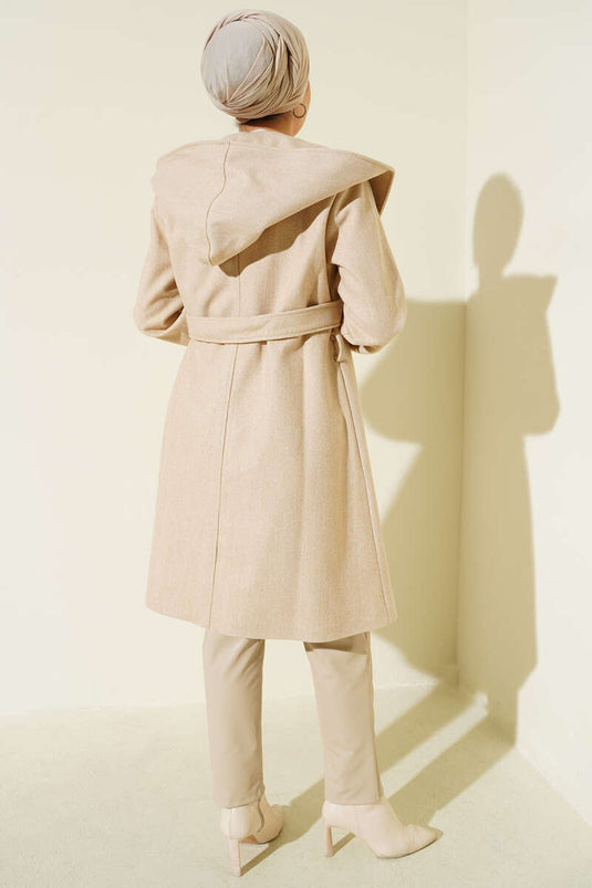 Belted Hooded Cashmere Coat Beige